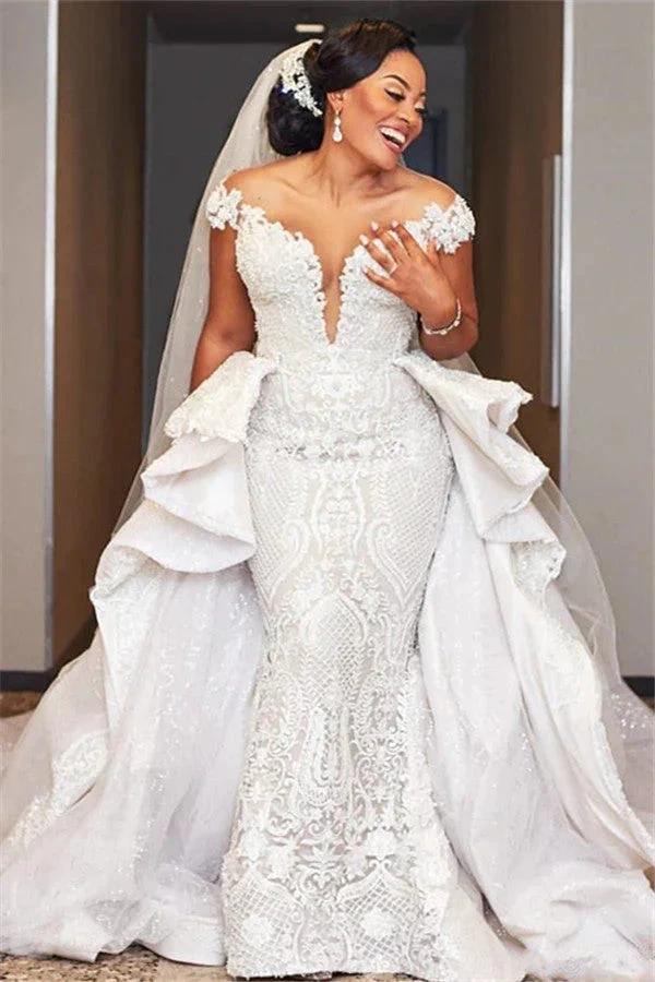 Cap Sleeves Mermaid Long Wedding Dress with Ruffles Overskirt (ZD13804)