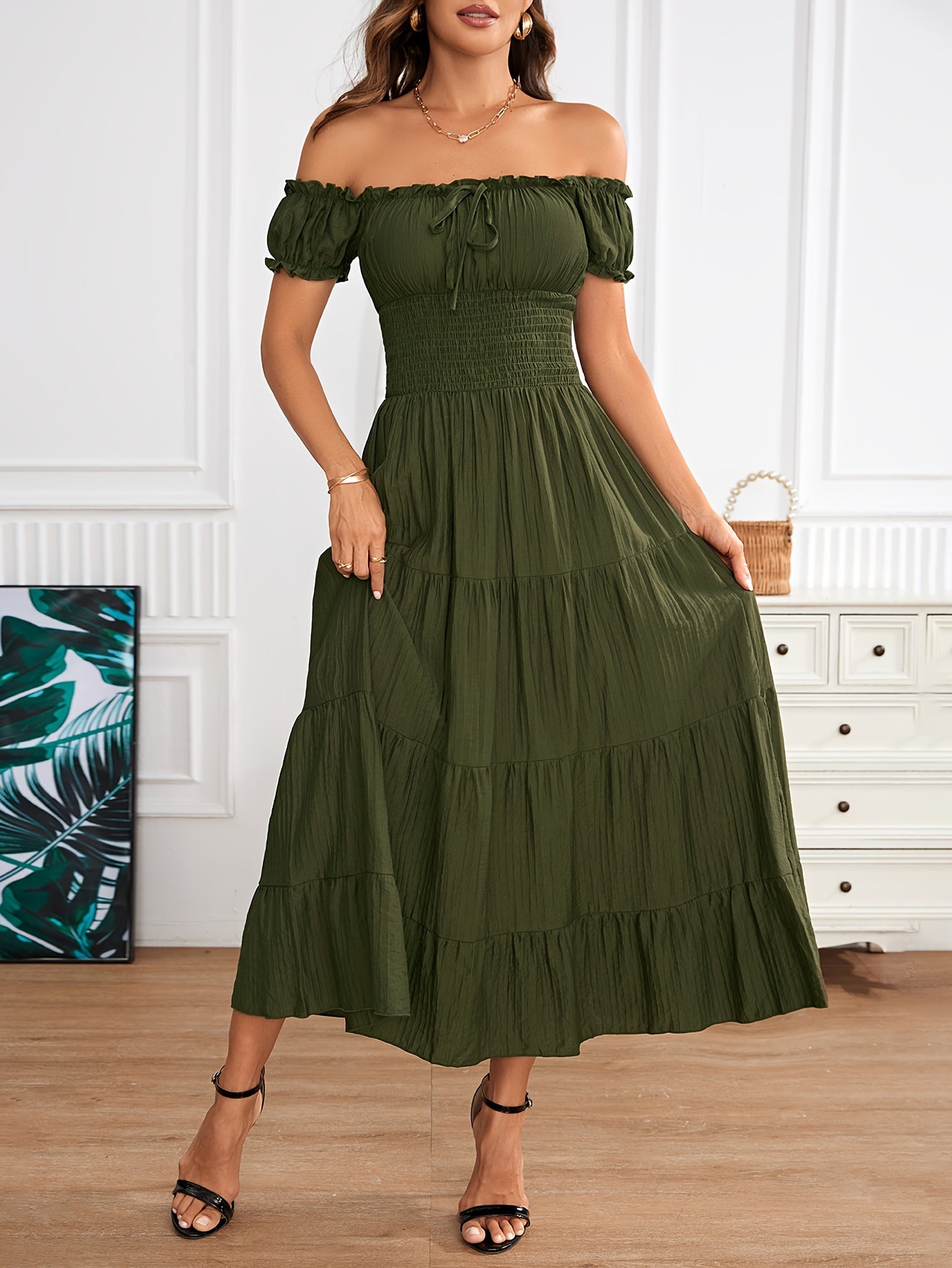 Amparo Elegant A-line Maxi Dress with Off-shoulder and Smocking
