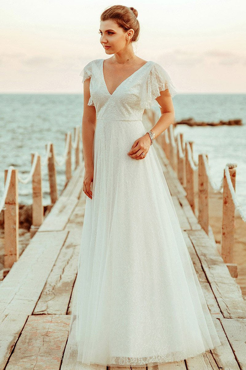 Casual Wedding Dress A Lne Chic V-Neck Short Sleeve Long Tulle Beach Wedding Party Dresses Bridal Gowns