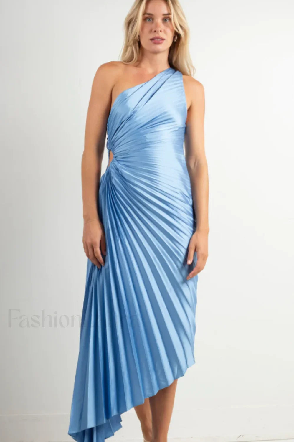 Catalina One Shoulder Charming Pleated Satin Maxi Dress