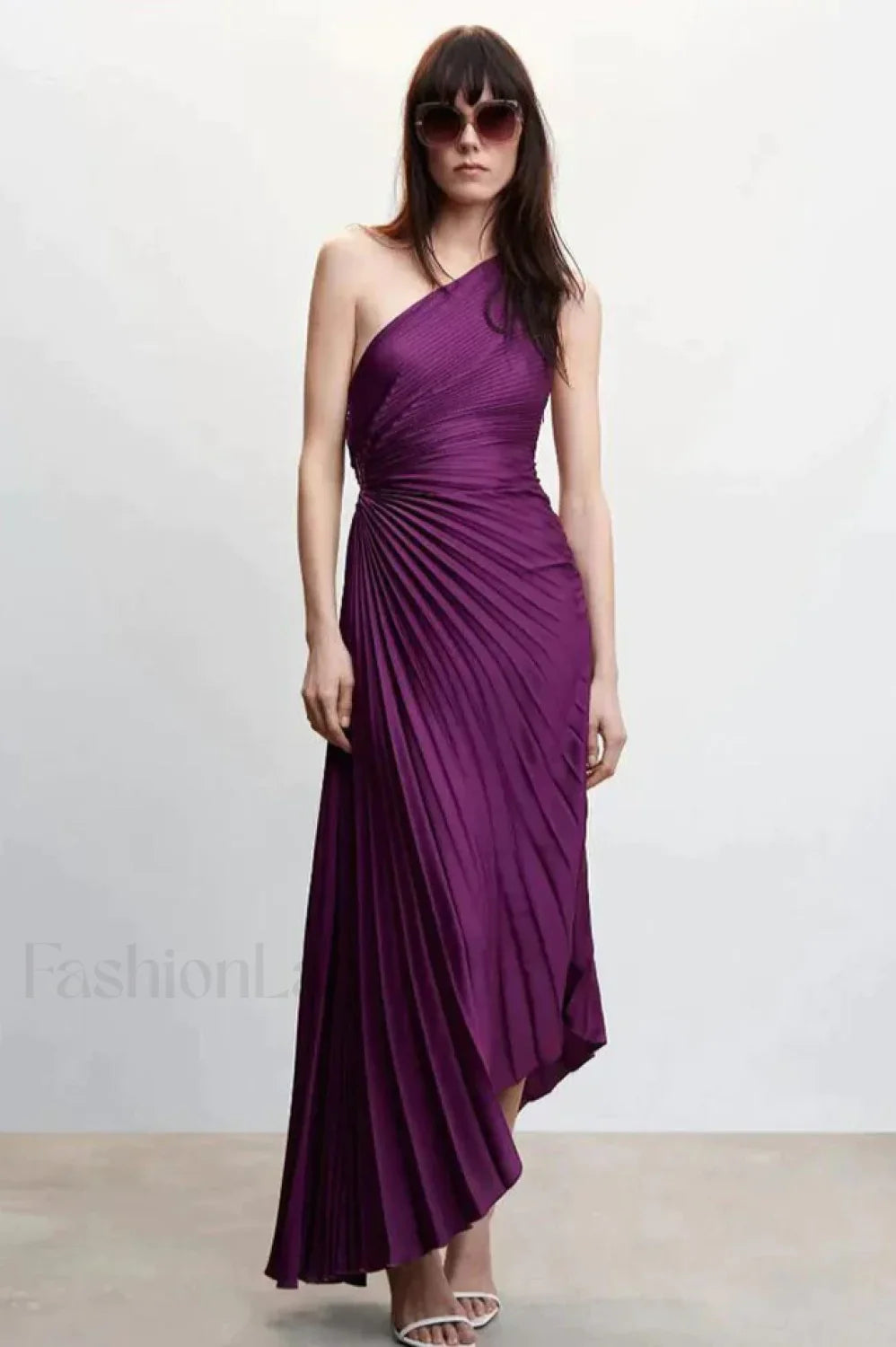Catalina One Shoulder Charming Pleated Satin Maxi Dress