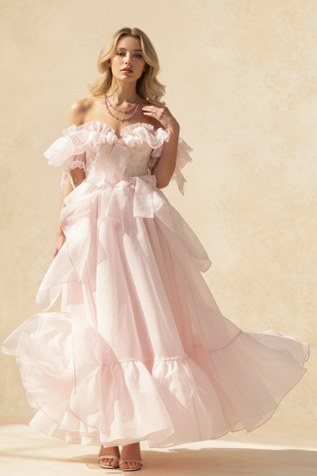 Off Shoulder Organza Puffy Vacation Dress