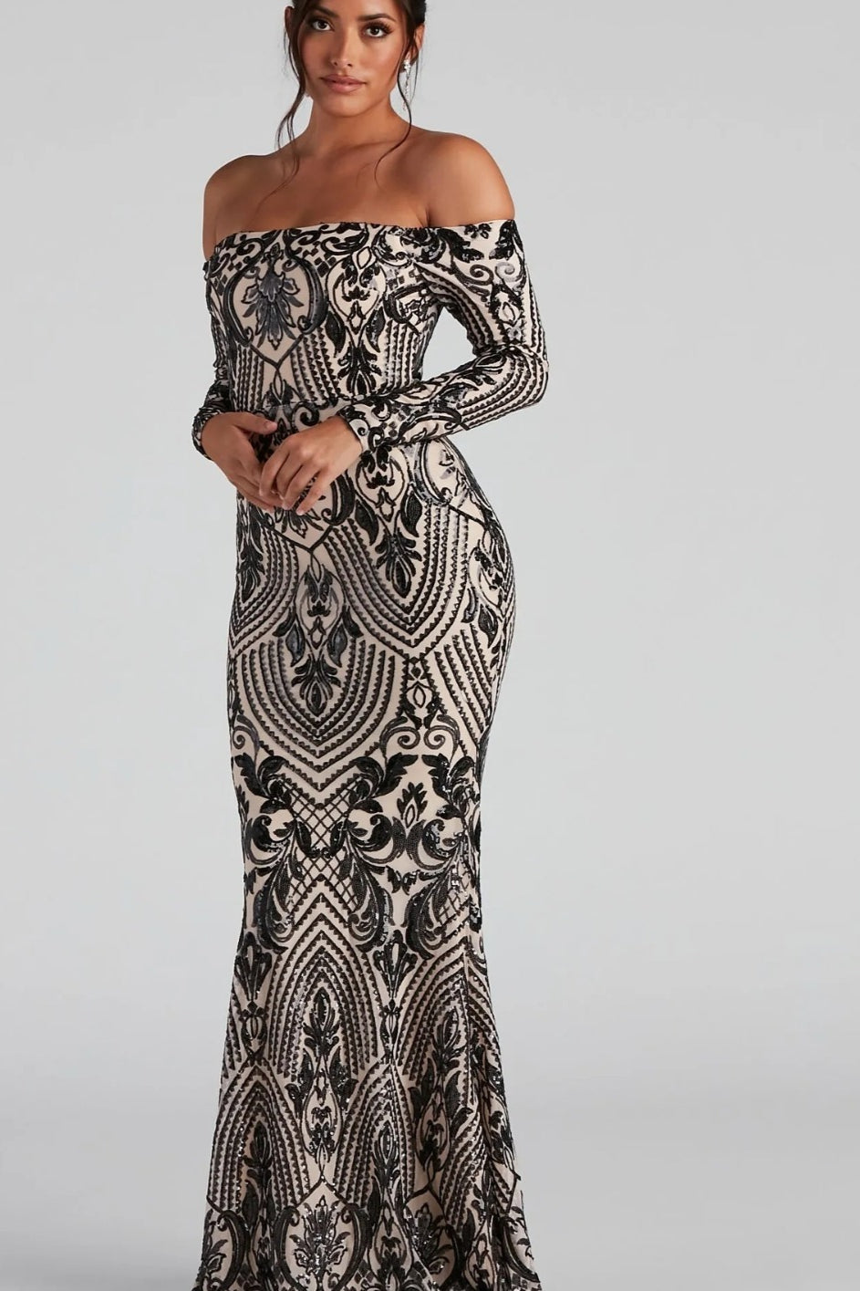 Boat Neck European Trendy Formal Evening Maxi Sequin Dress - VelvetHem