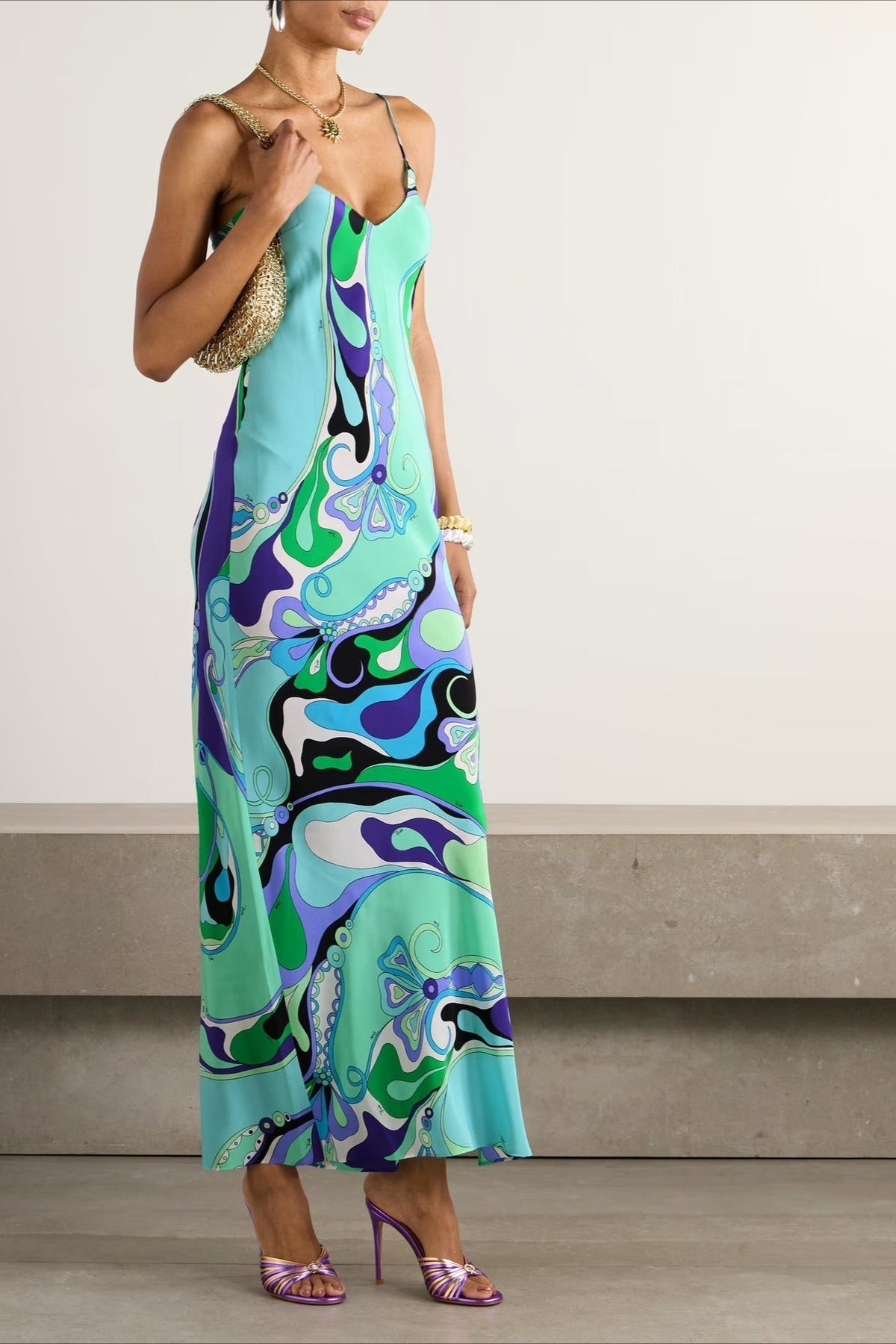 Printed Satin Cami Slit Silk Dress - View 8 | VelvetHem