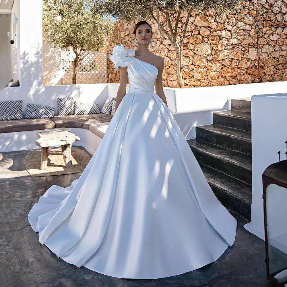 Elegant A-Line One Shoulder Stain Wedding Dress Beading Sleeveless Bridal Gowns For Women Custom Made Vestido De Novia by payinti