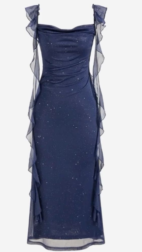 Shiny Navy Blue Chiffon Ruffles Long Prom Dress Elegant Evening Dress