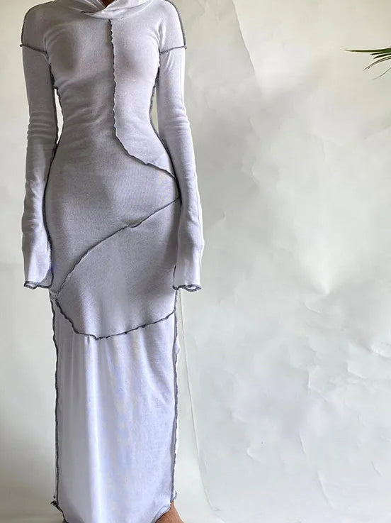 Patchwork Hoodie Slit Midi Dress - View 2 | VelvetHem