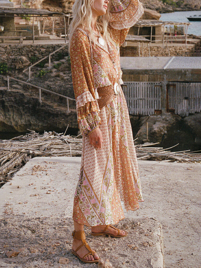 Unique Bohemian Print Long Sleeve Robe Midi Dress - Fashionpara