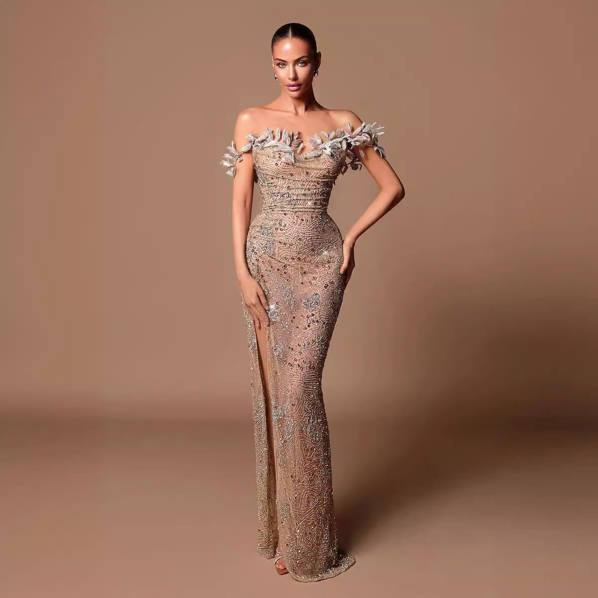 Off Shoulder Slit Strapless Floor Length Prom Dress - VelvetHem
