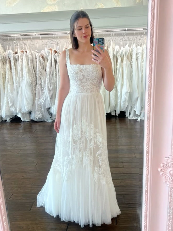 Square Neckline Lace Applique A-Line Wedding Dress