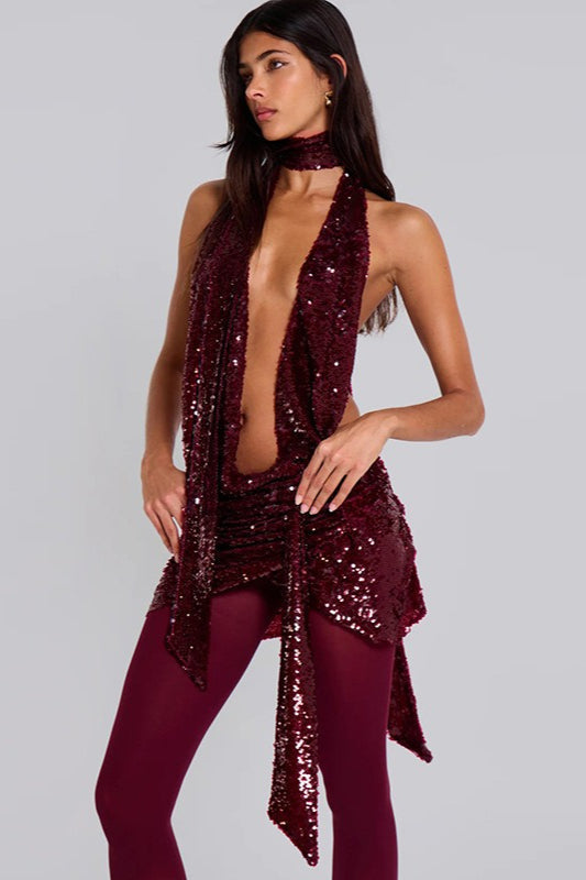 Sequin Halter Deep V Backless Bodycon Sequin Dress - View 3 | VelvetHem