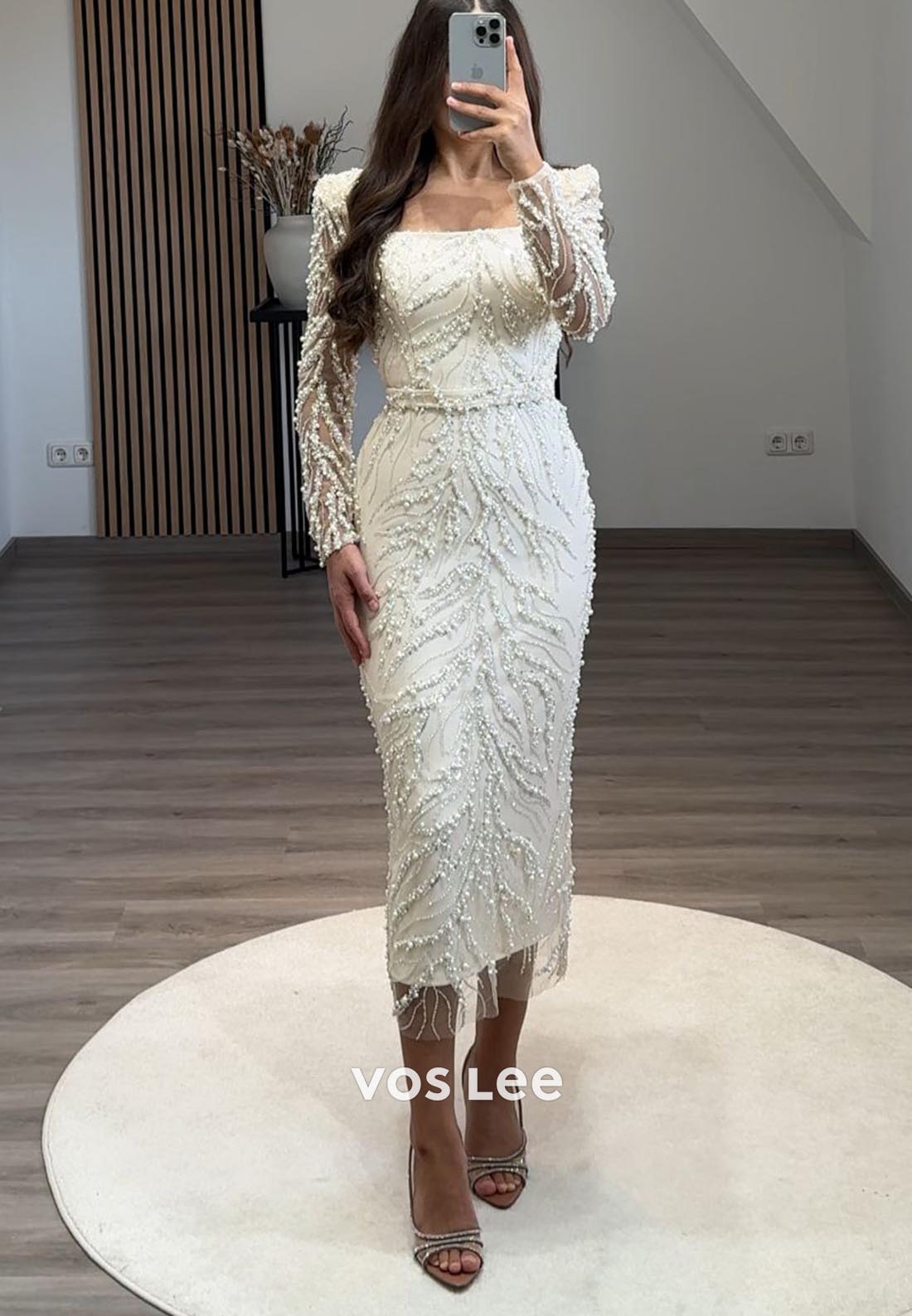 Tea-Length Square Beading Long Sleeve Formal Dresses