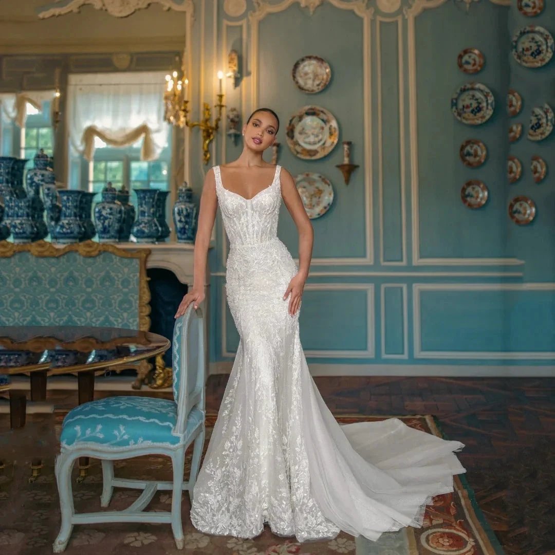 Exquisite Wedding Dress For Woman Square-Neck A-Line Lace Appliques Sequins Bride Gowns Tulle Sweep Train Vestido Custom by payinti