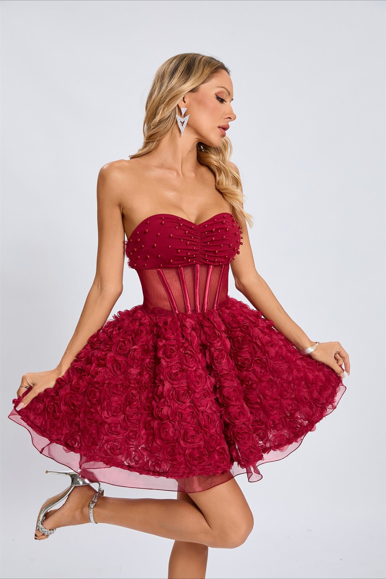 Beaded Strapless Puff Dress with Relaxed Fit and Seasonal Wardrobe Essential