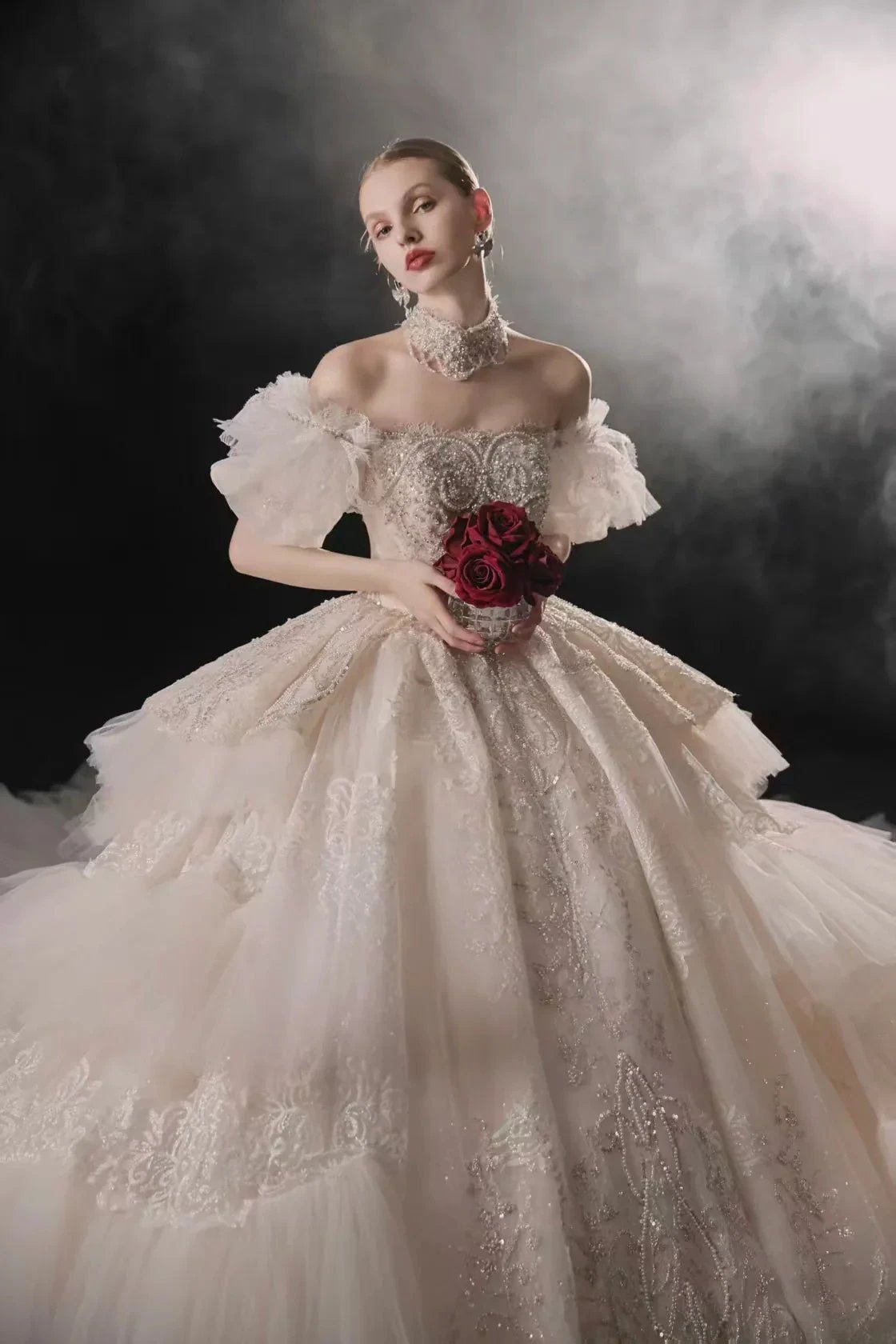 Opulent Off-the-Shoulder Ball Gown Tulle Puff Sleeve Beaded Lace Wedding Dress with Layered Ruffled Train & Choker (ZD16899)