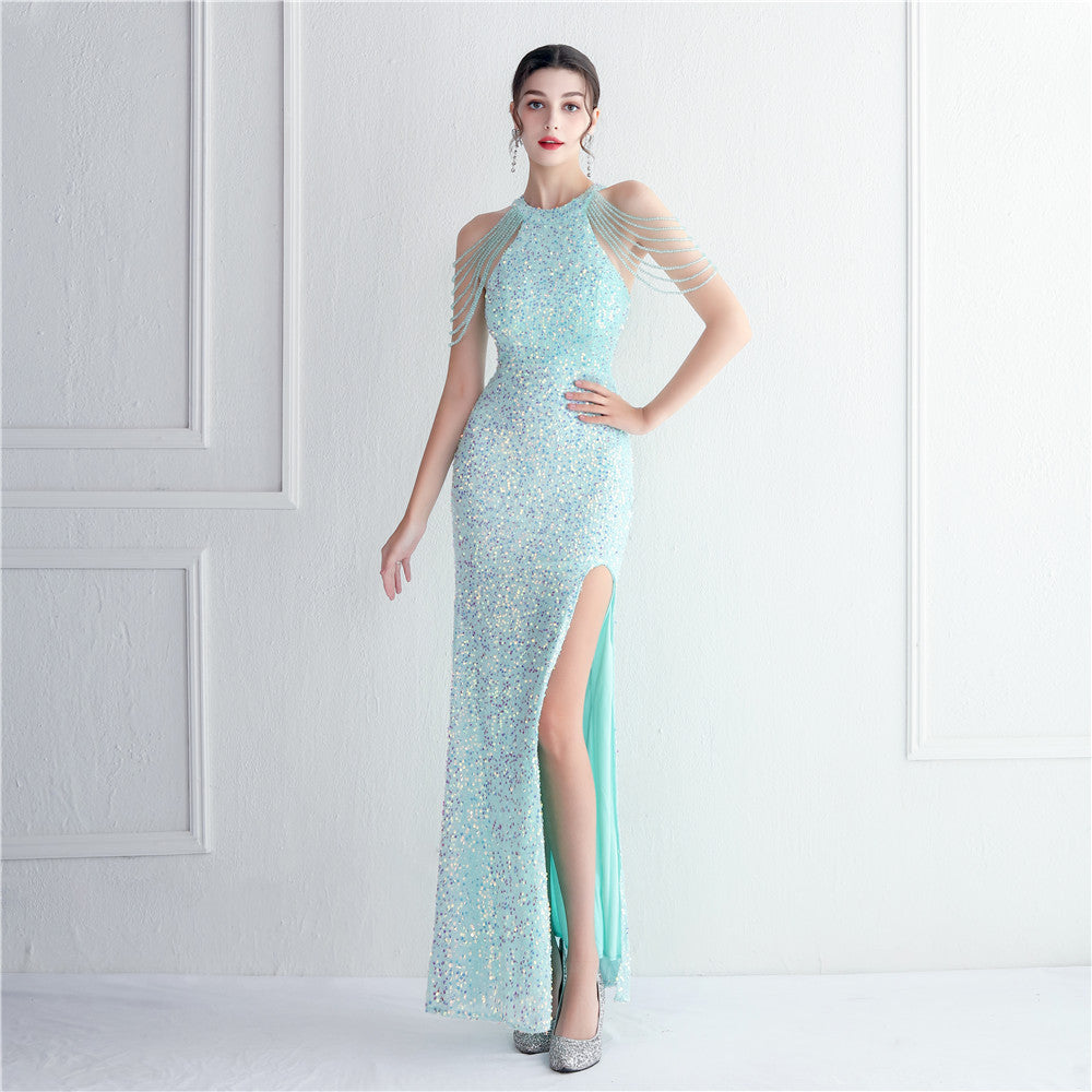 Heavy Industry Micro Glass Bead Craft Beaded Cocktail Evening Dress Elegant Long Halter Split Sequ - View 9 | VelvetHem