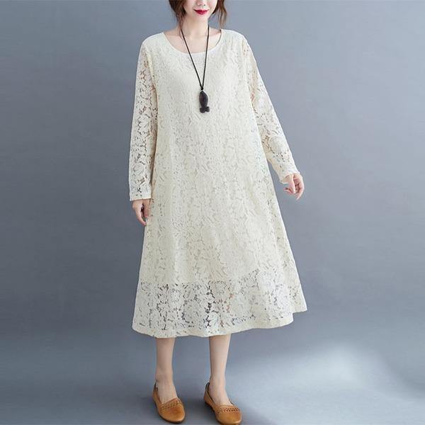 Plus Size O-neck Solid Color Dress Women Casual Lace Dress