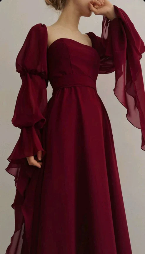 Vintage Burgundy Long A Line Prom Dress Romantic Evening Dress Party Gown