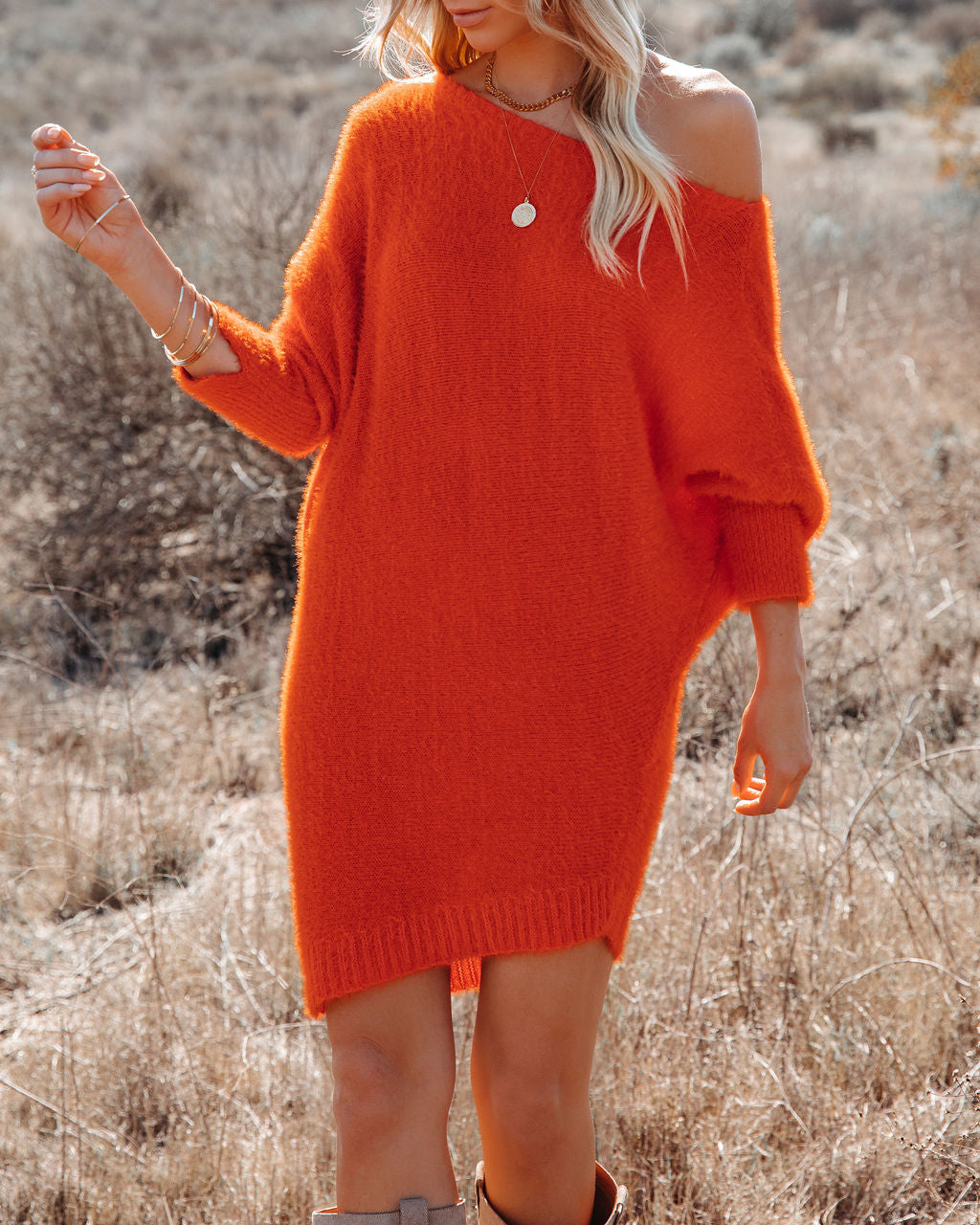 Cecelia Asymmetrical Knit Sweater Dress Red Orange FINAL