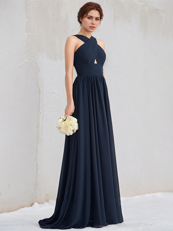 Dark Navy A-Line V-Neck Floor Length Chiffon Bridesmaid Dress With Ruffle