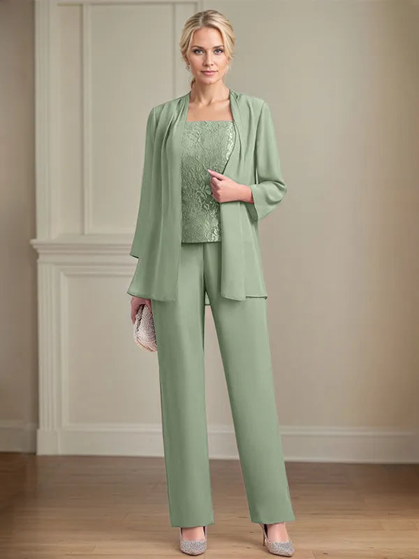 Chiffon Square Neck Sleeveless Floor Length Mother of the Bride Pantsuits