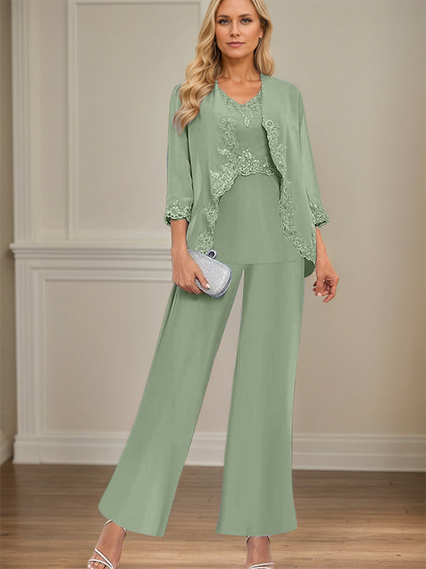 Elegant Simple Scoop Neck Floor Length Mother of the Bride Pantsuit Wedding Guest Dress