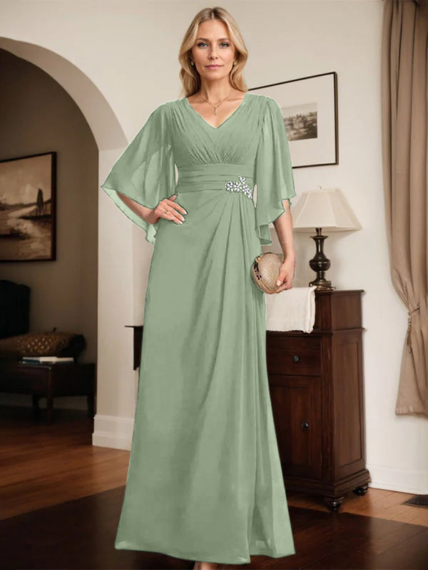 Sheath/Column V-Neck Floor-Length Chiffon Mother of the Bride Dress With Pleated Sequins Beading