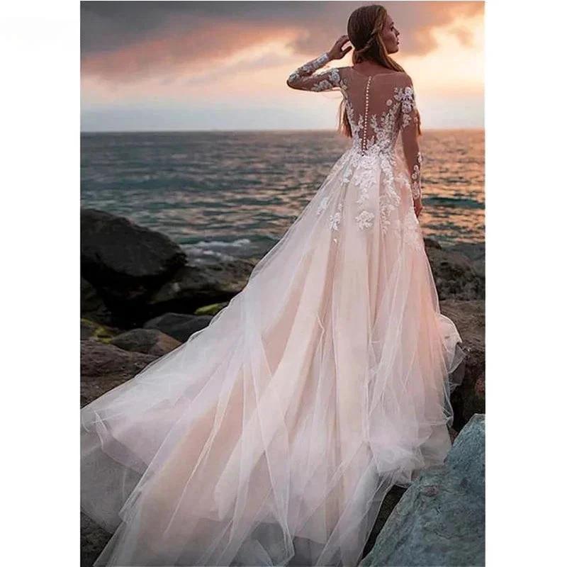Lace Appliqued Bridal Gown For Women Illusion Long Sleeves Beach Wedding Dress Light Champagne Robe Bride Dresses (ZD13431)
