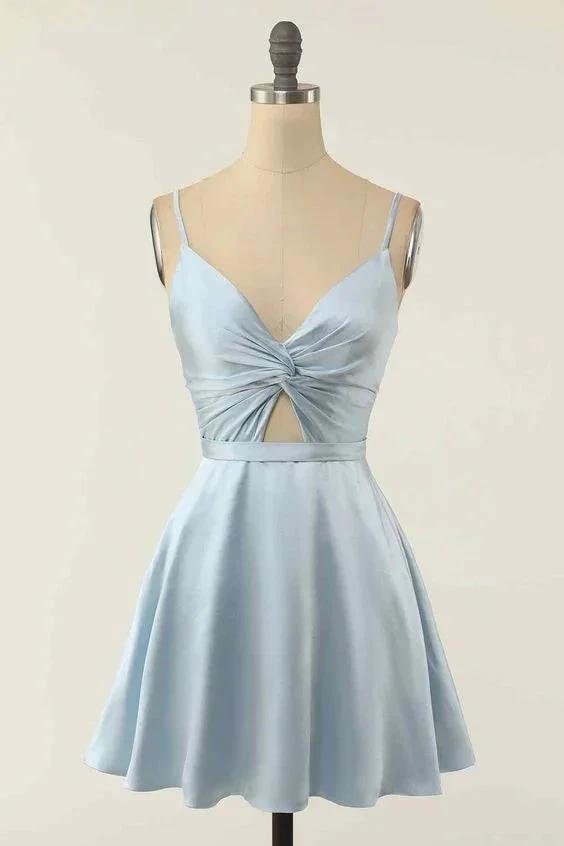 A-line V Neck Twist Knot Cut-Out Pleated Mini Homecoming Dress Y1866 by simplepromdress