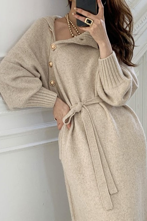 Tie Waist Knit Turtleneck Long Sweater Dress - View 3 | VelvetHem