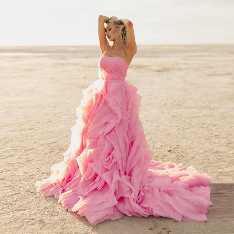 Elegant Pink Petal Ruffle Prom Party Dresses Long Strapless Bridal Photography Dress Beach Boho Maternity Photo Shoot Gowns - View 2 | VelvetHem