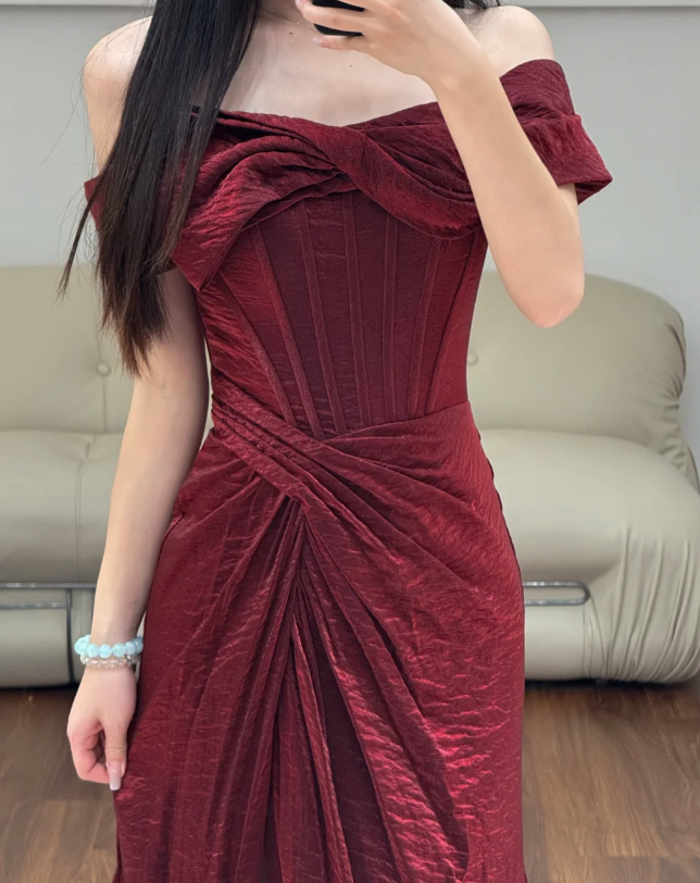 Off-the-Shoulder Prom Party Dress Burgundy Evening Dress Graduation Dress - View 2 | FashionDia