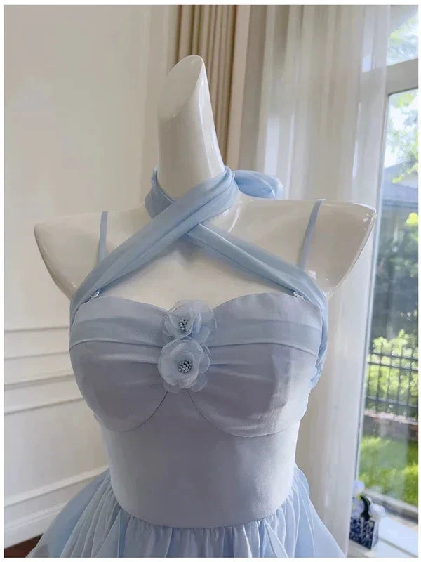 Simple Blue Spaghetti Straps Chiffon Homecoming Dress Party Dress (ZD12189)
