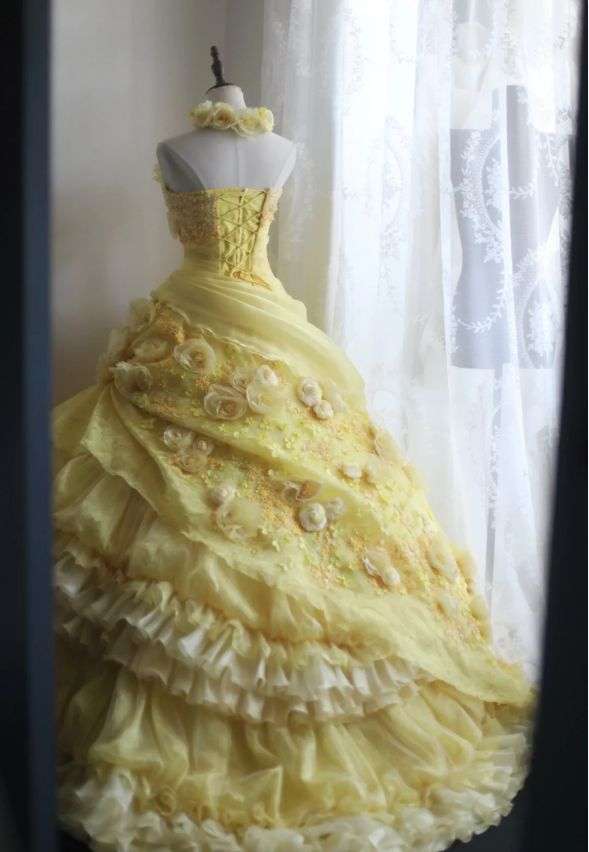 Yellow Pleated Layered Puff Sweet 15 Ball Gown Pleated Wedding Dress fg8297