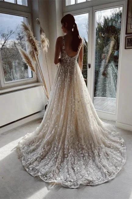 Champagne A-line Floor Length Straps V-neck Wedding Dress (ZD14940)