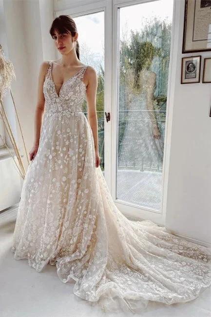 Champagne A-line Floor Length Straps V-neck Wedding Dress (ZD14940)