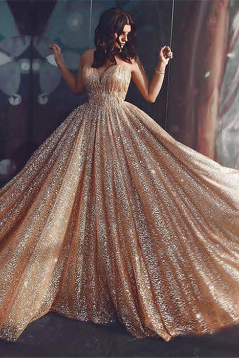 Champagne Elgant A-line Spaghetti Straps Backless Sequins Prom Dresses