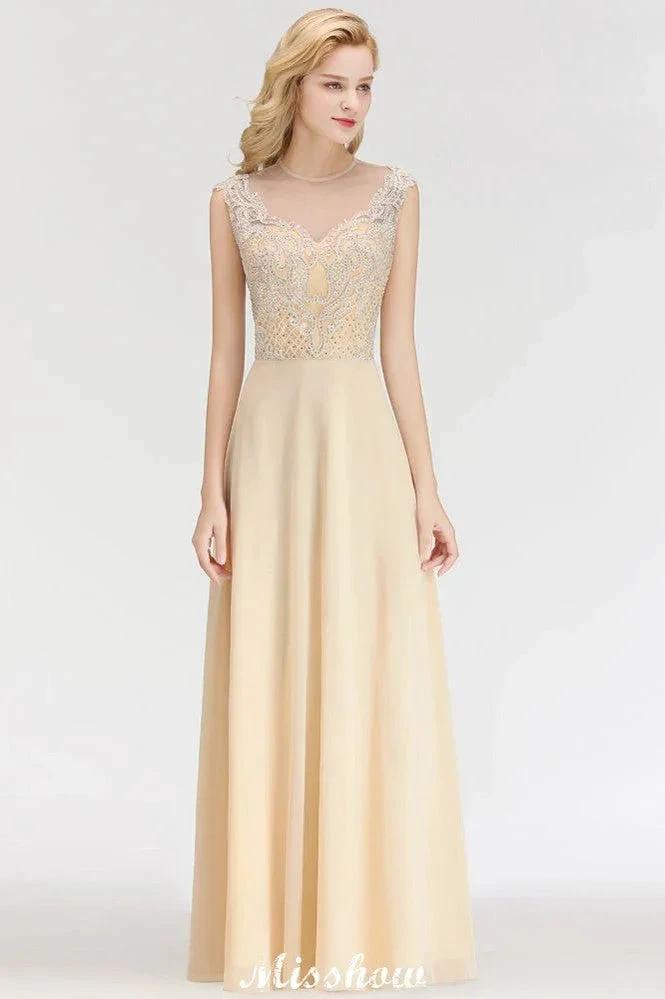 Champagne Sleeveless A-Line Crystal Jewel Bridesmaid Dresses Floor Length Party Dress (ZD12926)