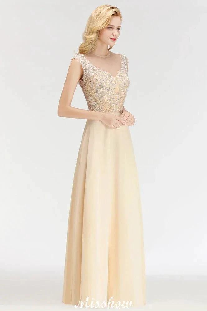 Champagne Sleeveless A-Line Crystal Jewel Bridesmaid Dresses Floor Length Party Dress (ZD12926)
