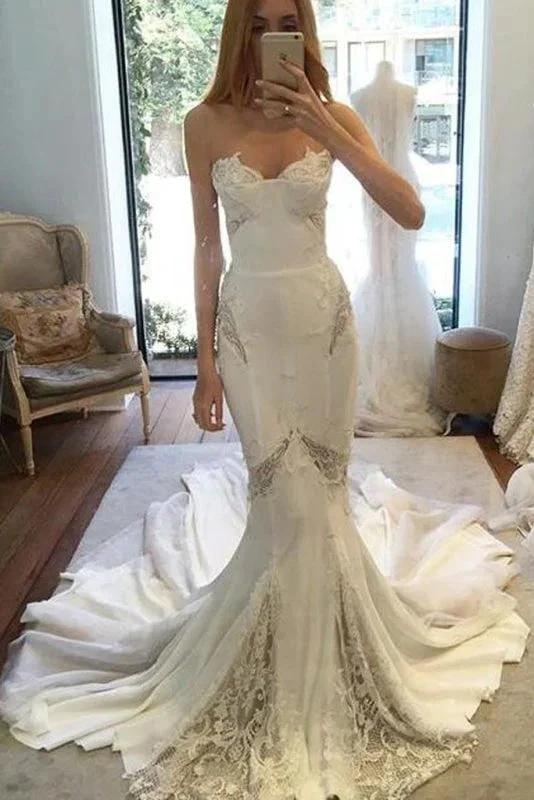 Chapel Train Sweetheart Mermaid Lace Appliques Chiffon Elegant Wedding Dresses (ZD14750)