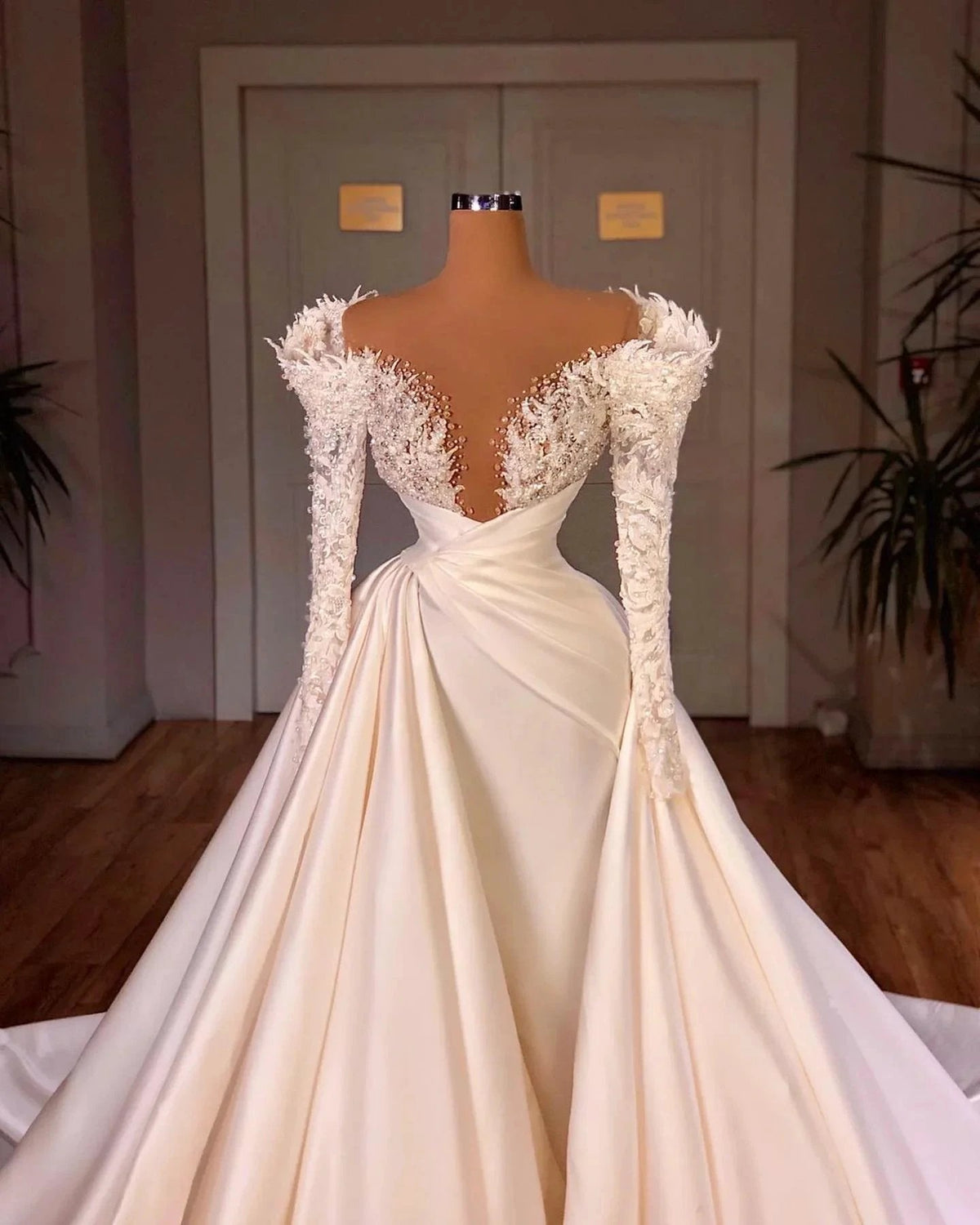 Charming A-Line Cathedral V-neck Long Wedding Dress With Long Sleeves (ZD14912)