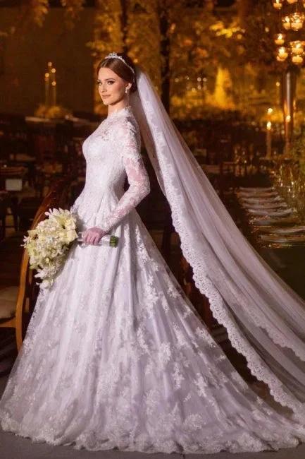 Charming A-Line Lace High Neck Long Sleeve White Wedding Dresses With Appliques (ZD16649)
