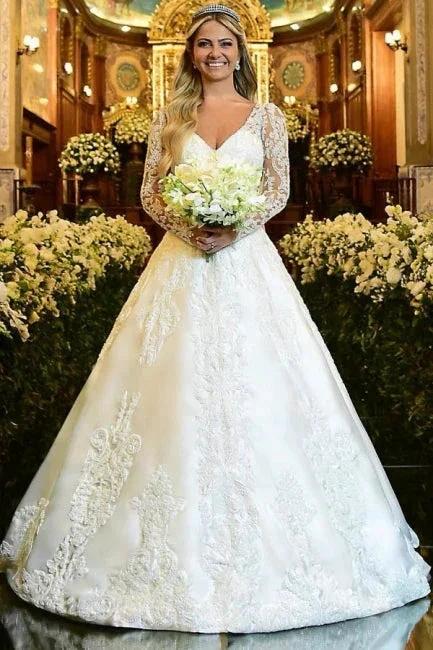 Charming A-Line Lace Sweetheart Long Sleeve White Wedding Dress With Appliques (ZD16639)