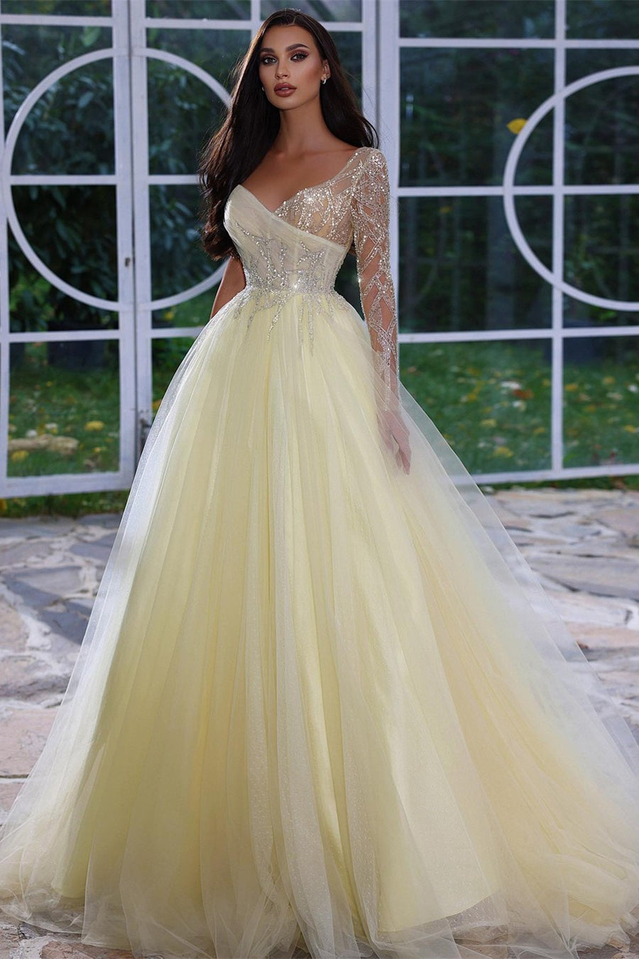 Charming A-Line Long Sleeves Prom Dress With Beads Sequins