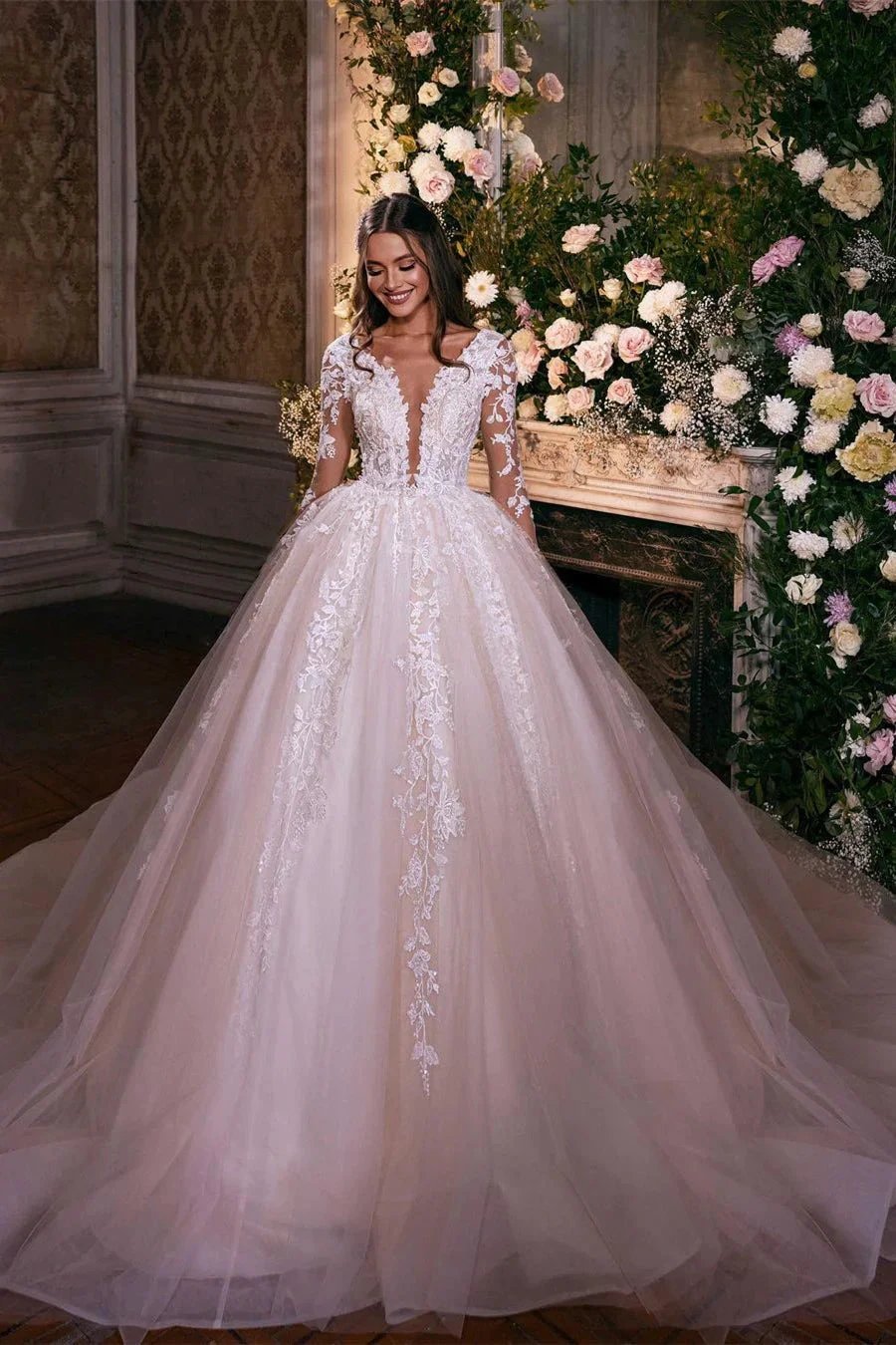 Charming A-line Long Sleeves V-neck Lace Wedding Dress With Train (ZD14511)