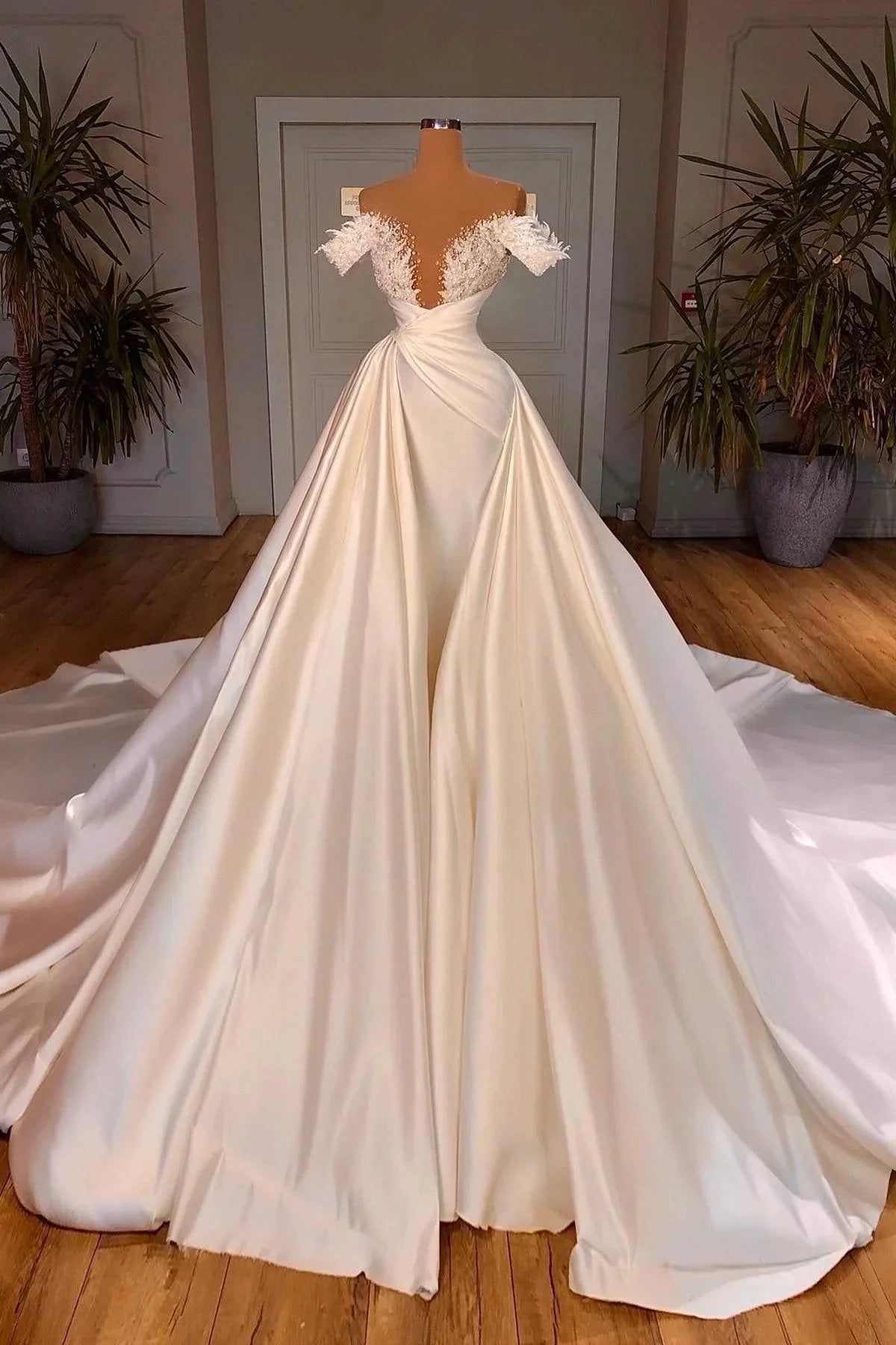 Charming A-Line Off-the-shoulder Cathedral V-neck Long Wedding Dress (ZD14911)