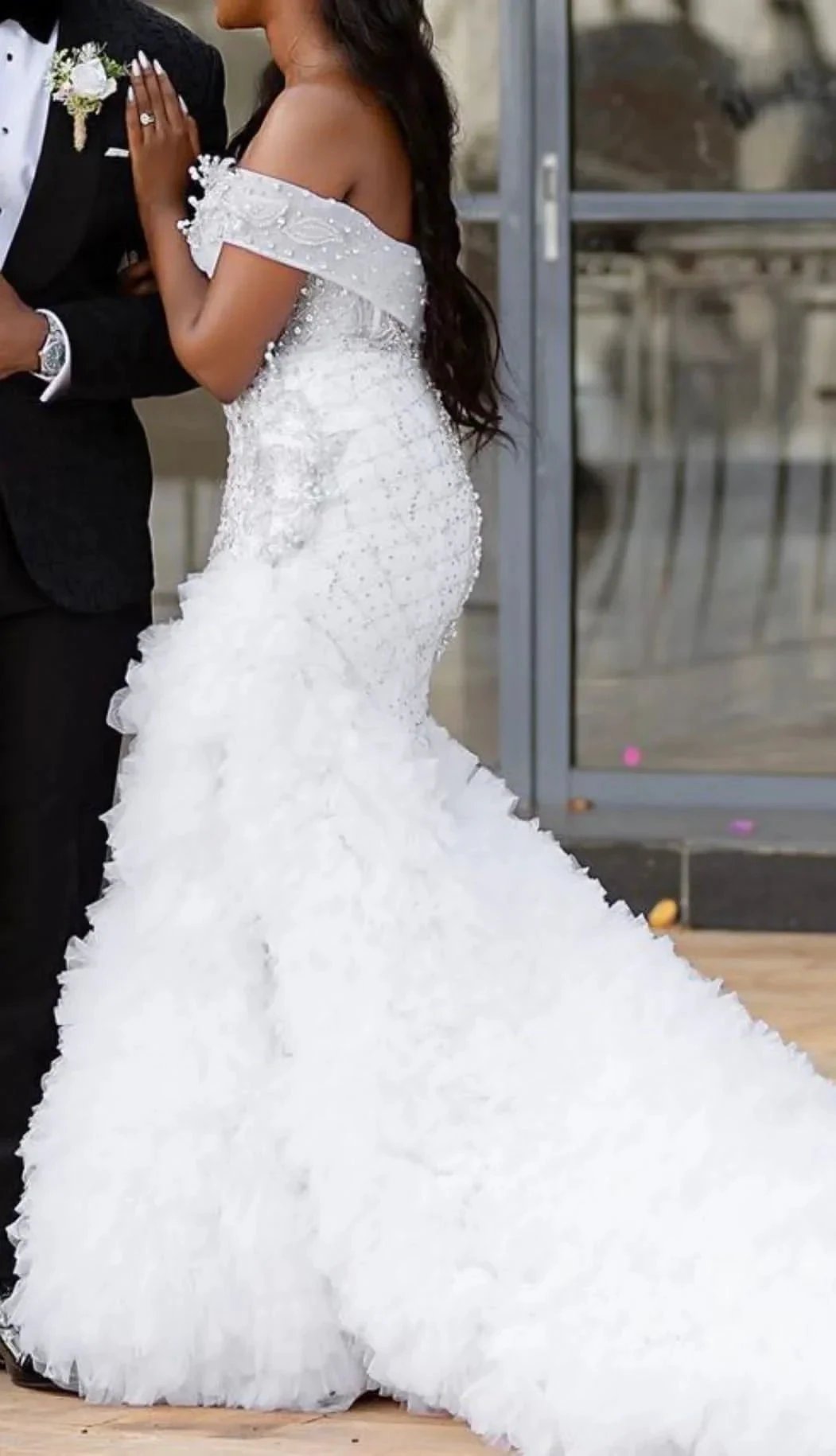 Charming A-line Off the Shoulder Wedding Dress with Chapel Train (ZD14944)