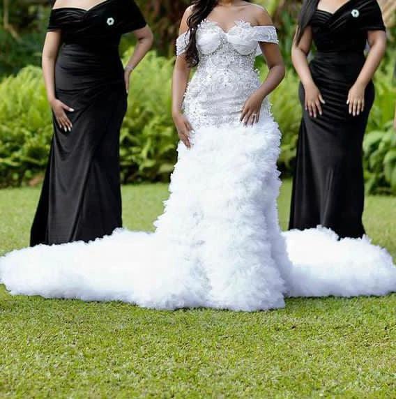 Charming A-line Off the Shoulder Wedding Dress with Chapel Train (ZD14944)