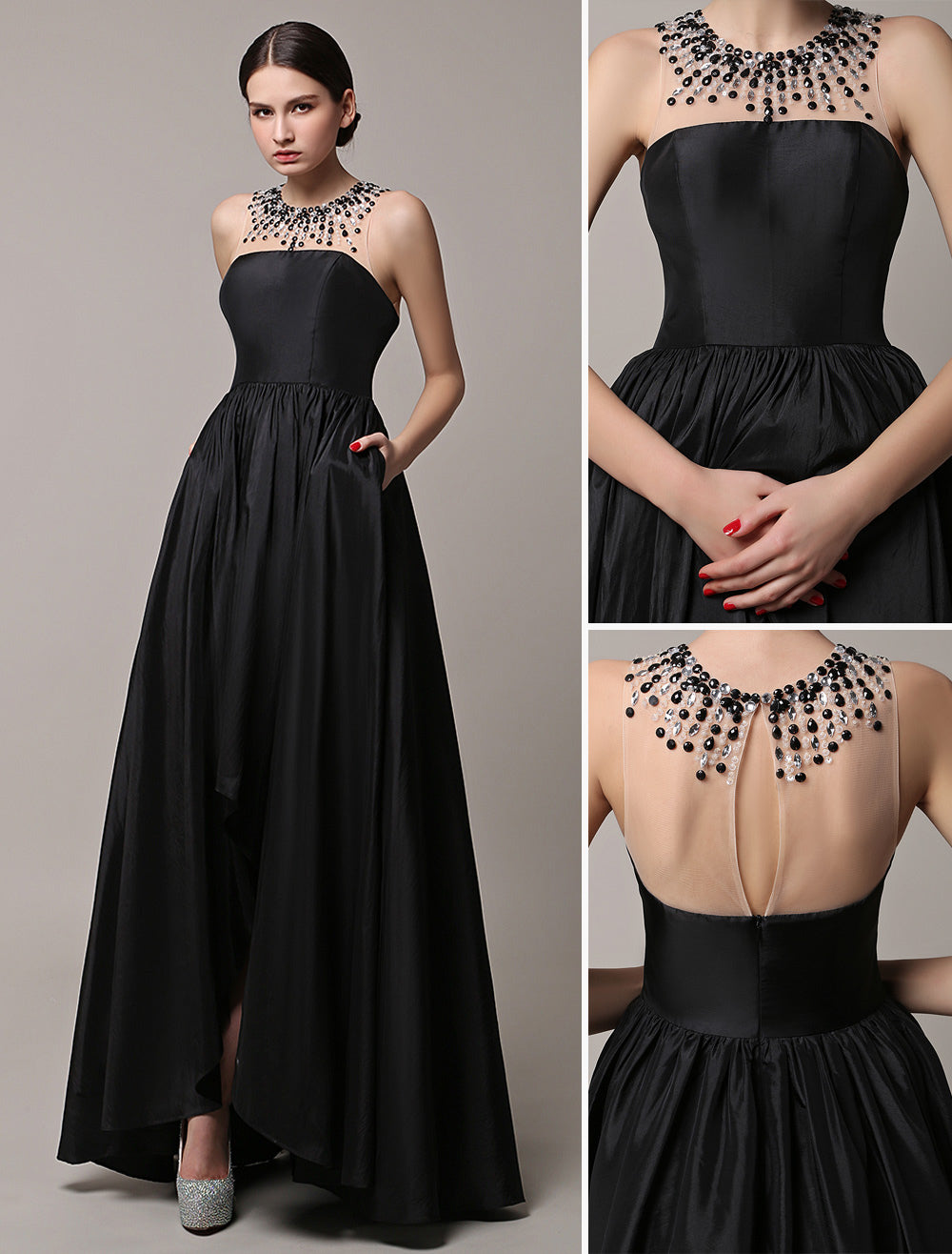 Charming Black High-Low Beading Illusion Neckline Taffeta Evening Dress