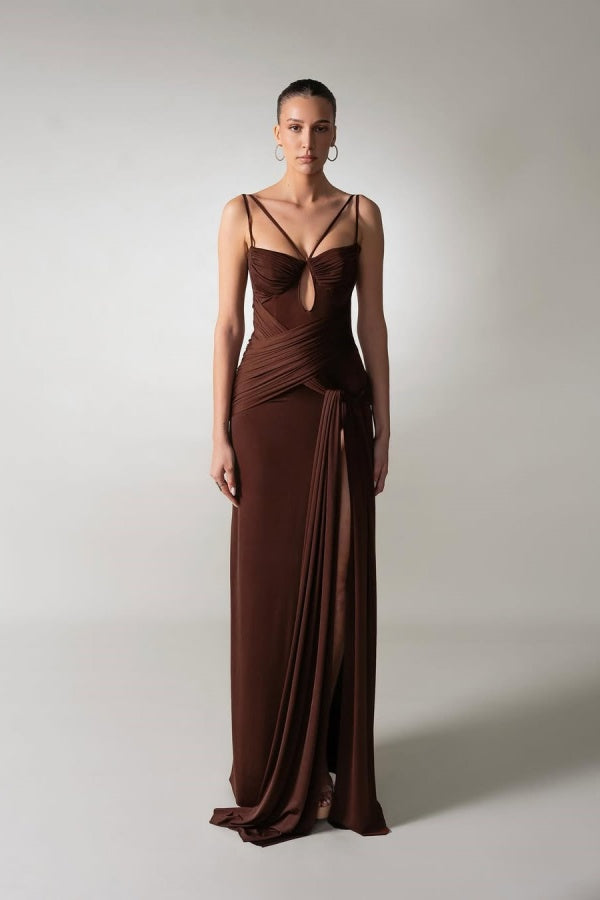 Charming Chocolate Spaghetti-Strap Sleeveless Satin Prom Dress Side Split With Pleats Zipper